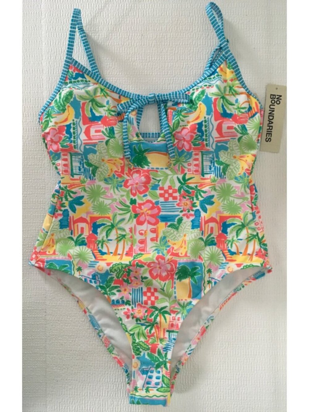 No Boundaries One Piece Swimsuit Size S 4-6 Pink Blue Green Tropical Print New